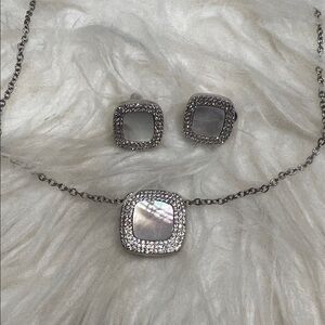 Vintage Mother of Pearl Silver Necklace and Pierced Button Earrings
